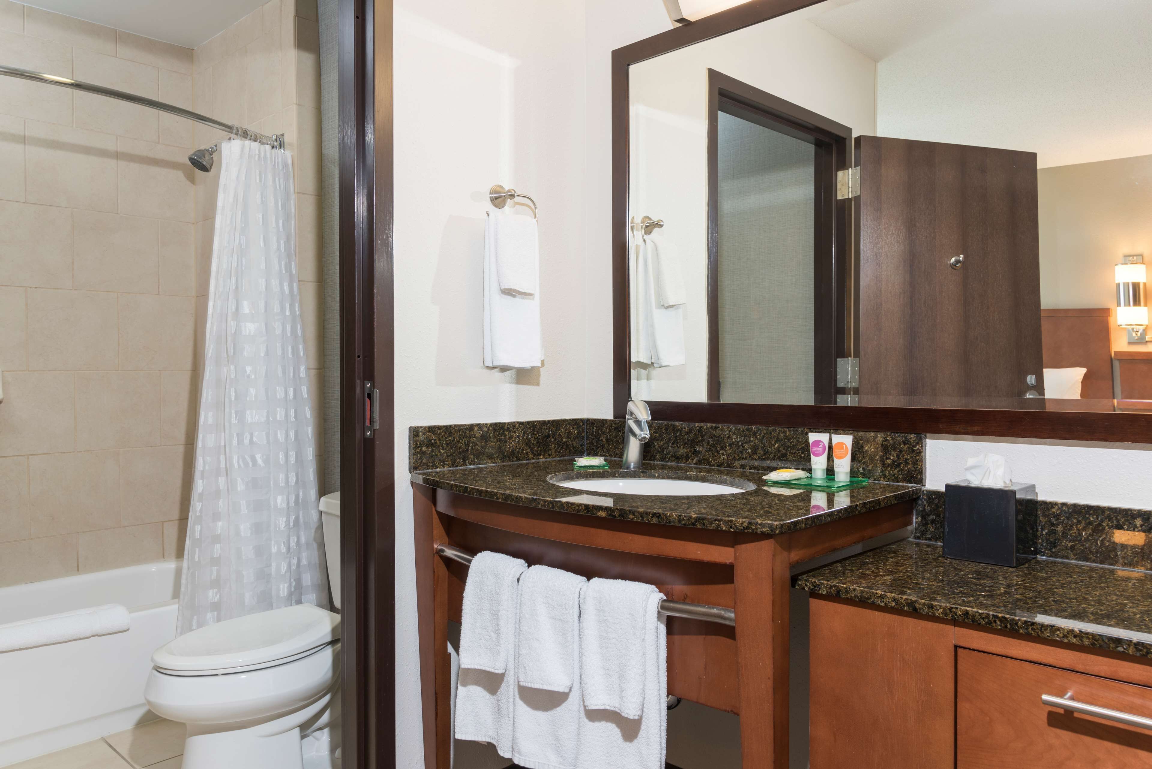 Un baño con ducha, inodoro, lavabo y un espejo grande.