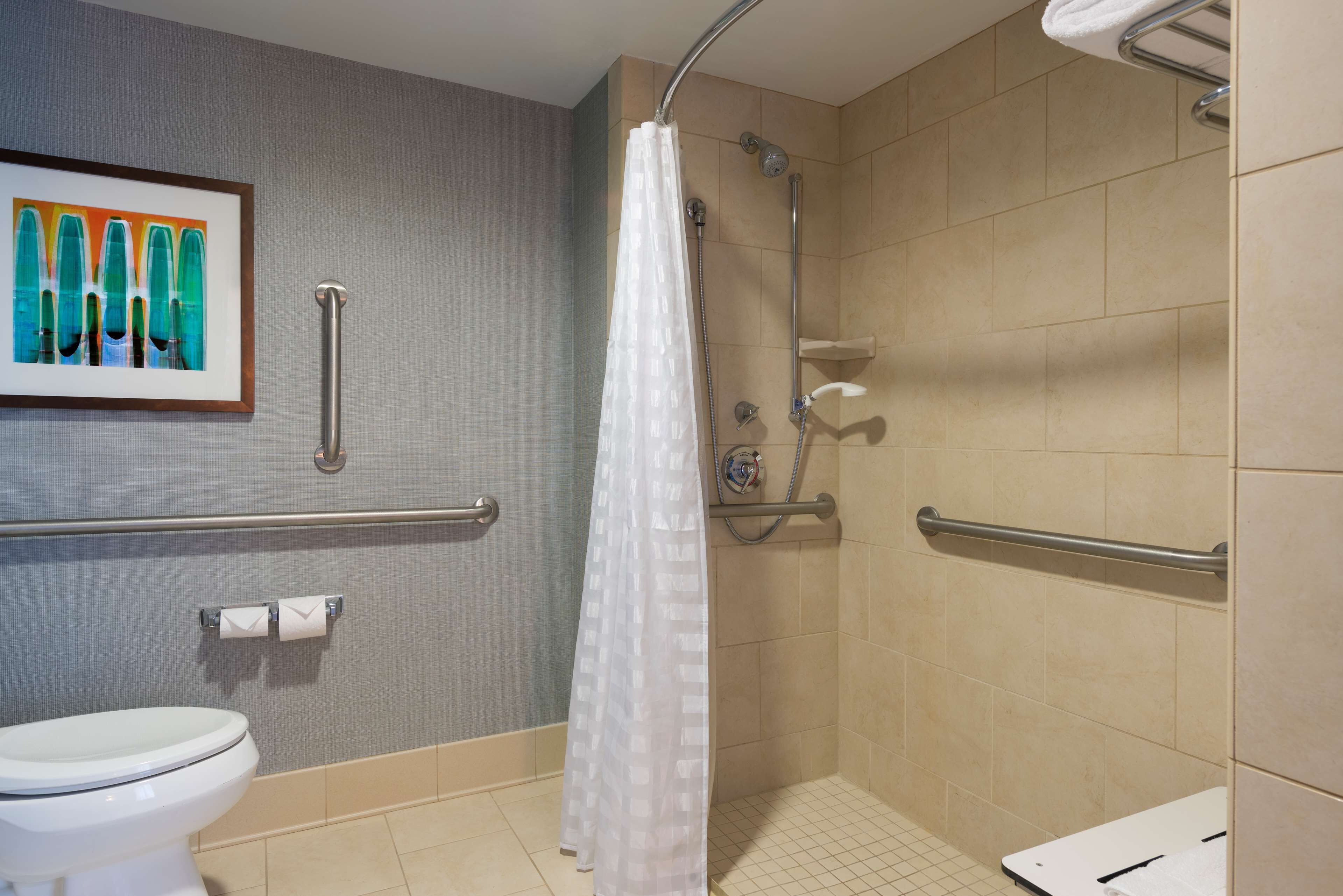 Une salle de bain équipée de toilettes, d’une douche avec une porte en verre et de barres d’appui.