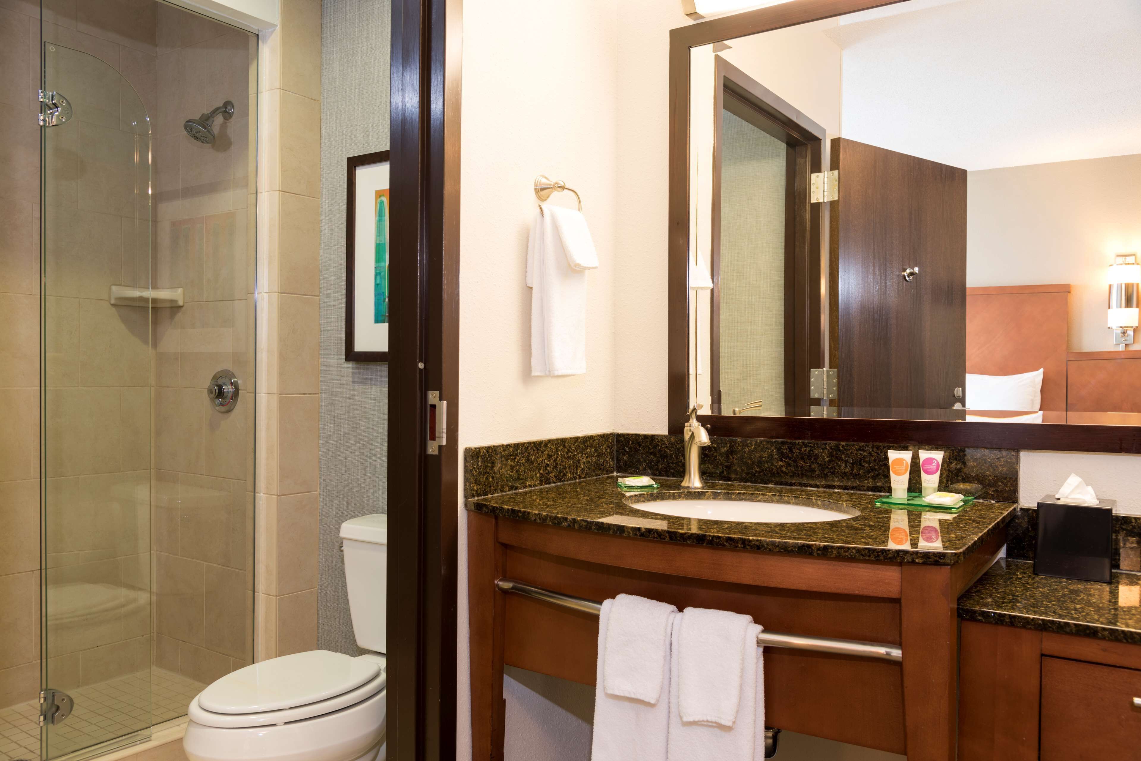 designer toiletries, hair dryer, towels