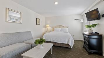 A bedroom with a bed, a sofa, a bedside table with a plant, a TV on the wall, and a dresser.