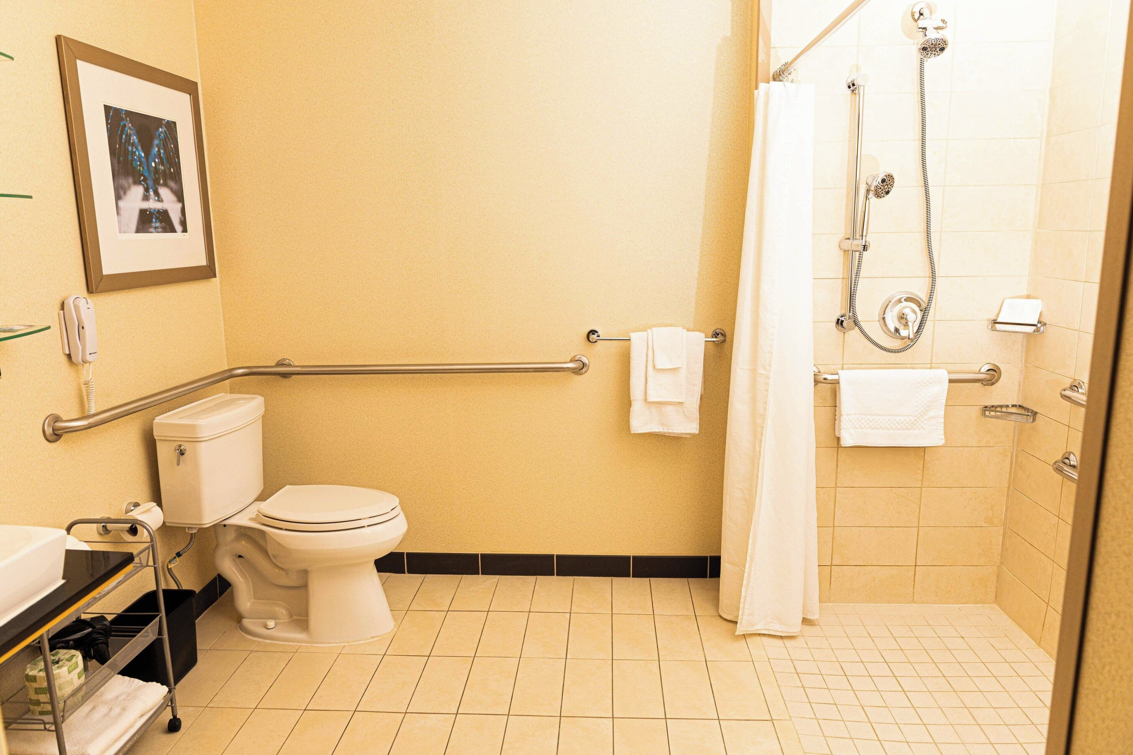 Ein Badezimmer mit Toilette, Waschbecken, Dusche und Haltegriffen.