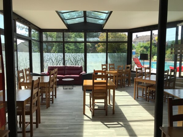 Seasonal outdoor pool, pool umbrellas, pool loungers