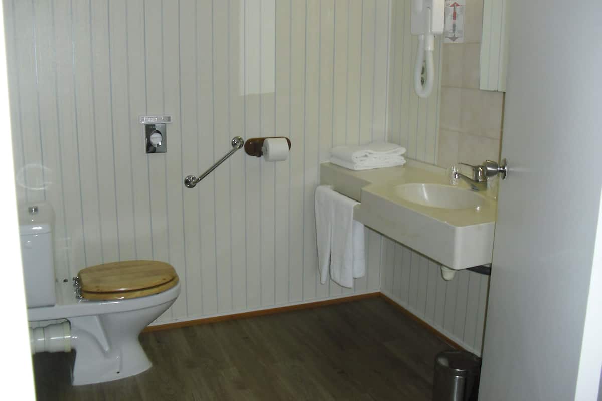 Un baño con inodoro, lavabo, espejo, toallero y barandilla.