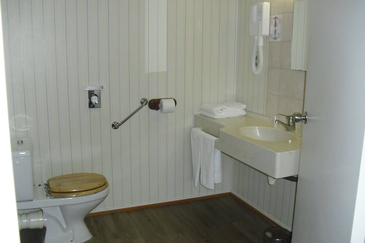 deep-soaking bathtub, free toiletries, hair dryer, towels