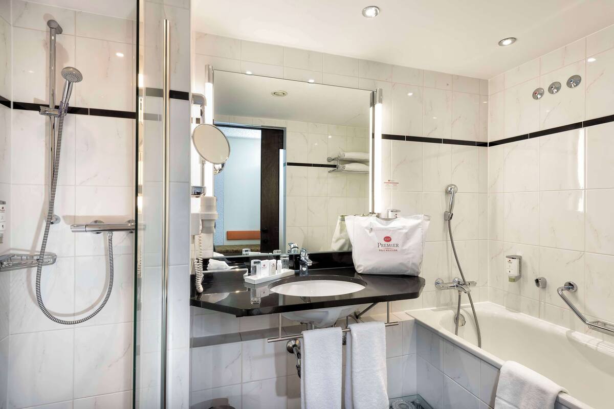 hair dryer, towels, soap, shampoo