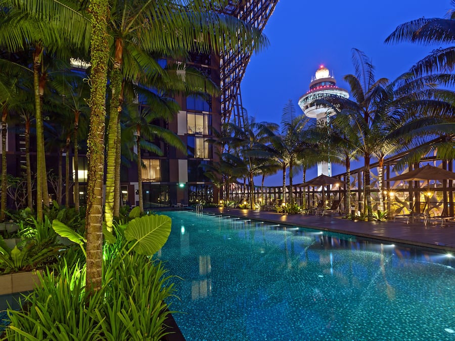 Outdoor pool, pool umbrellas, pool loungers