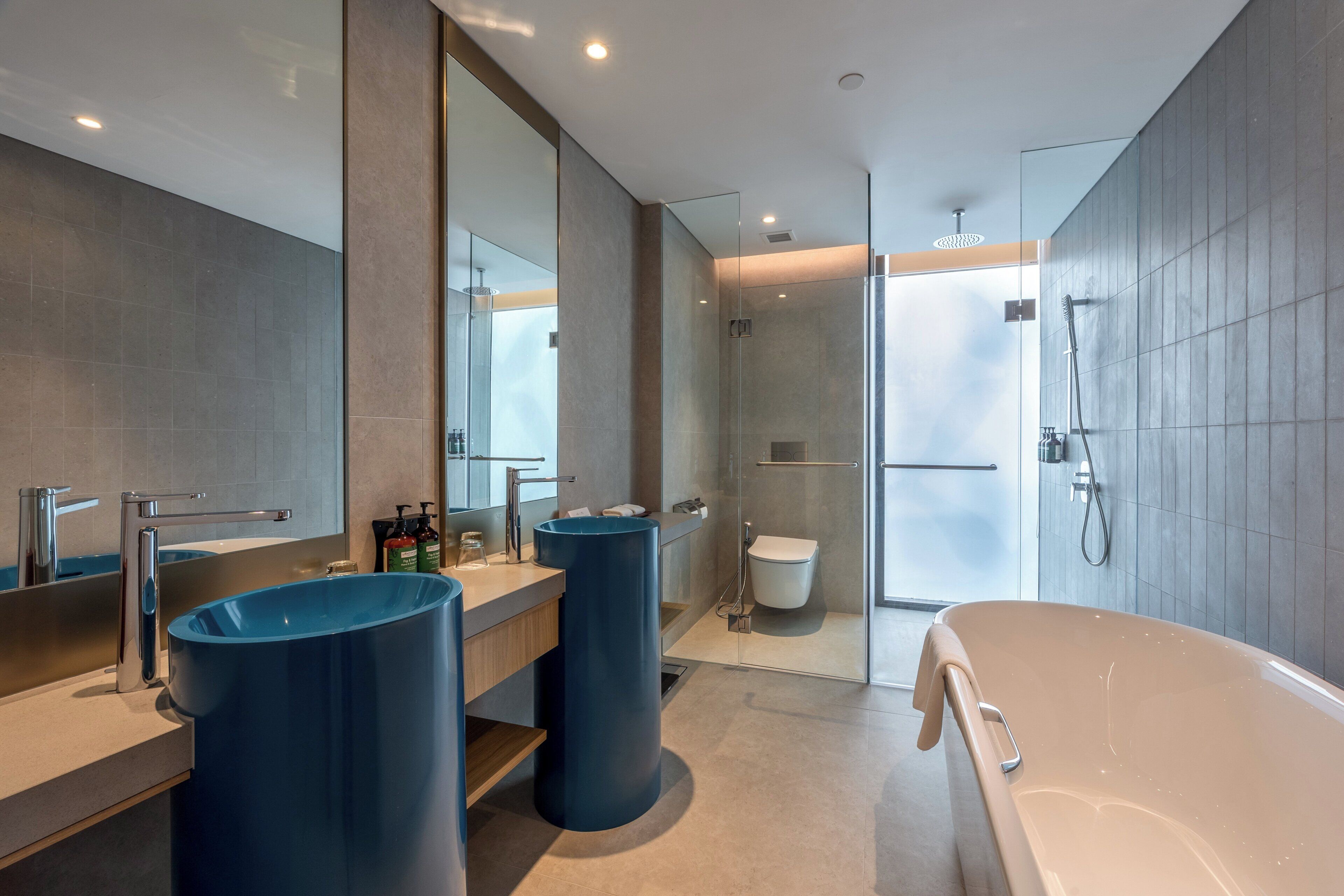A modern bathroom with a glass shower enclosure, a large bathtub, and two blue sinks.