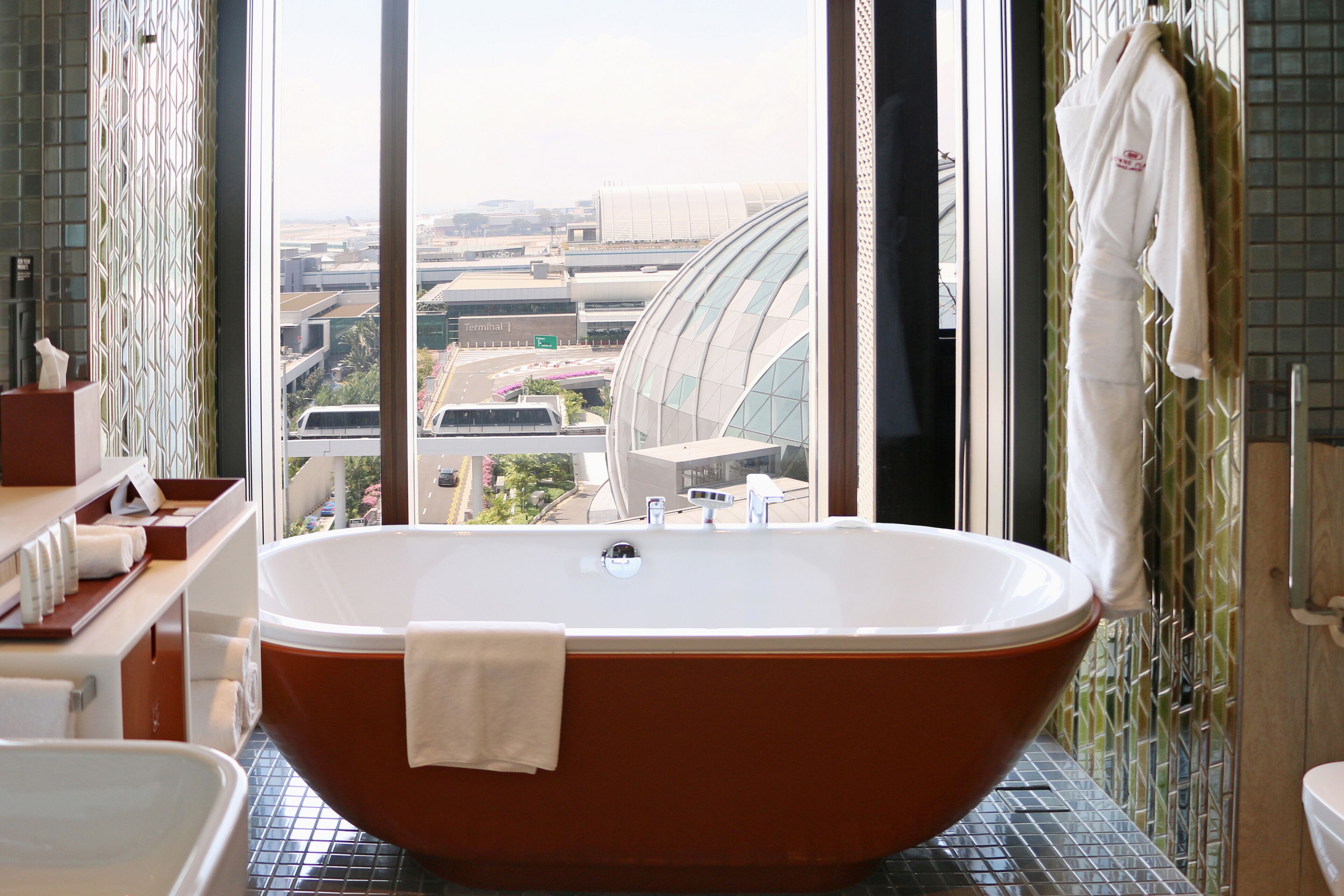 A modern bathroom with a freestanding bathtub, a large window with a city view, and a towel rack.