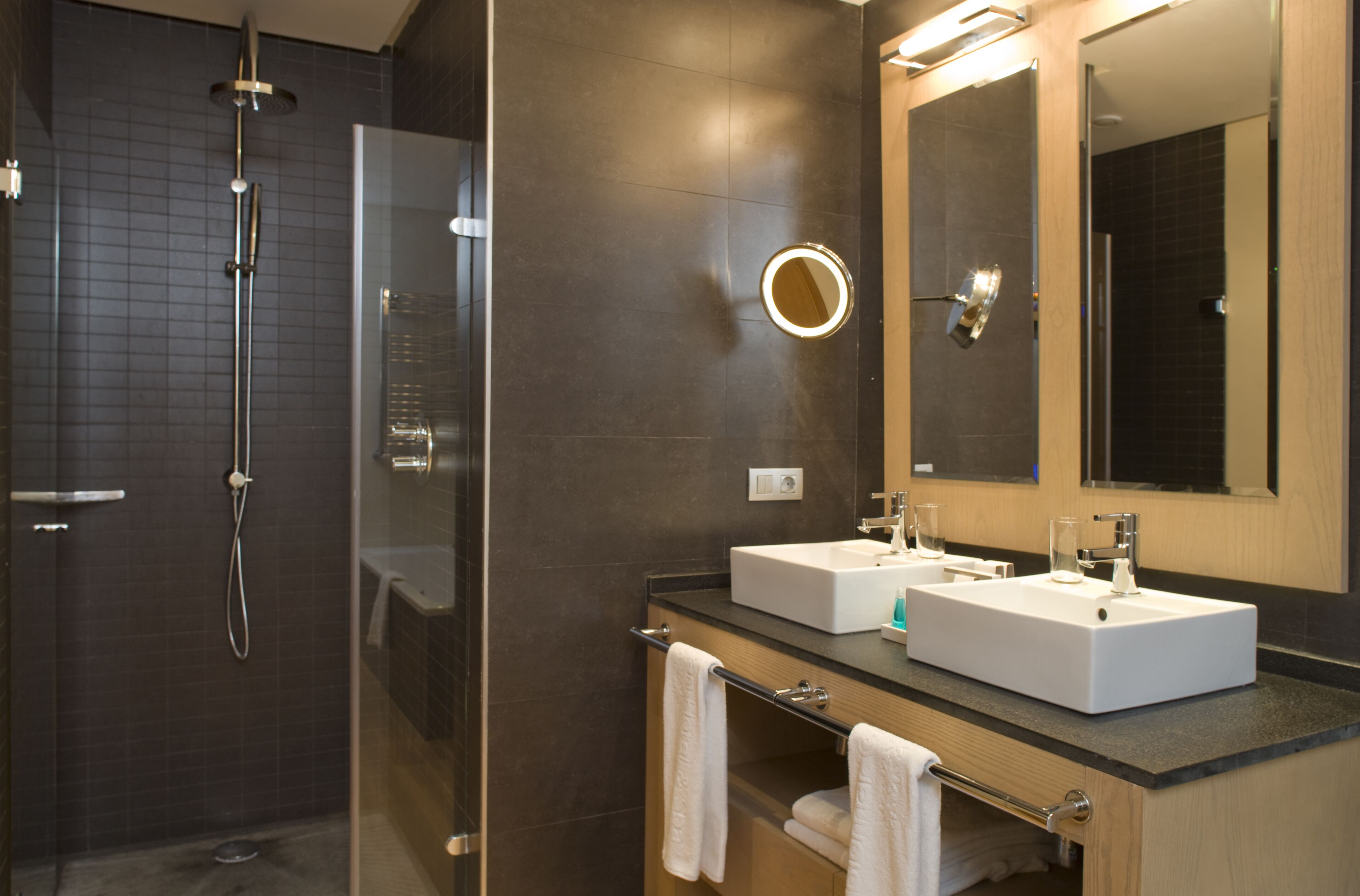 separate bathtub and shower, free toiletries, hair dryer, bathrobes