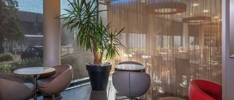 A modern indoor space with a large potted plant, seating arrangements, and a view through a window.