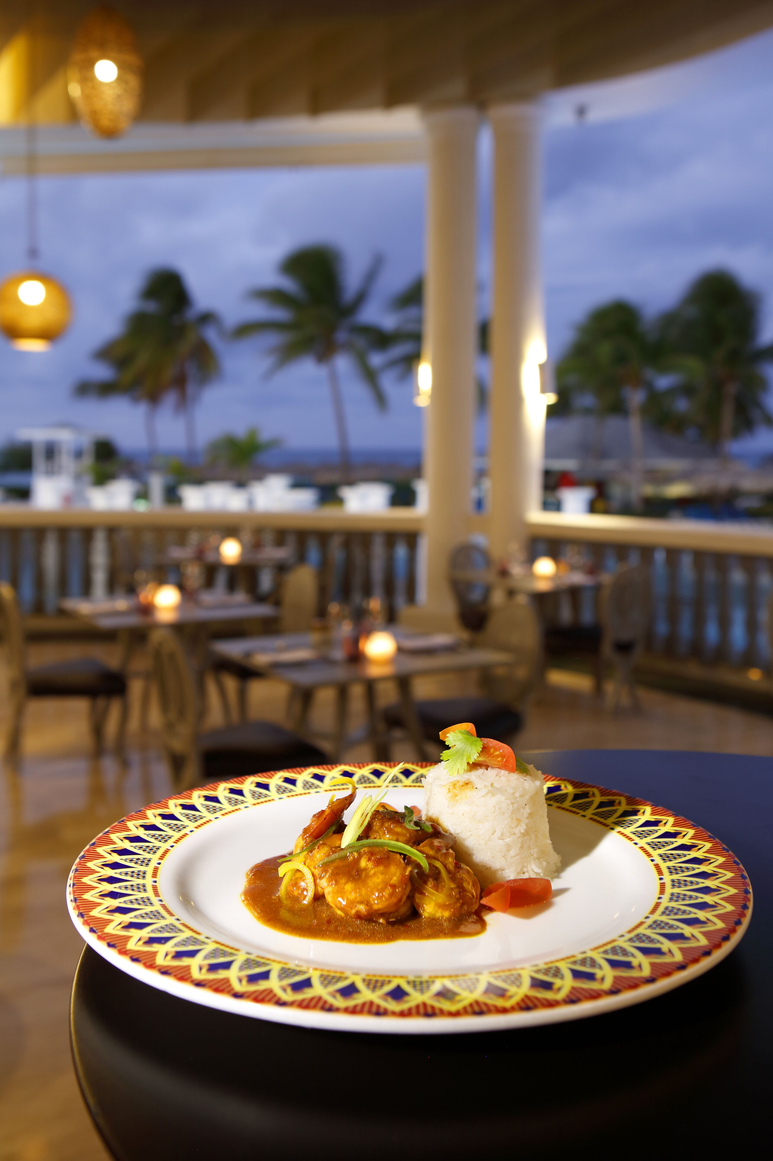 A table with a plate of food, a view of the ocean, and a railing with lights.
