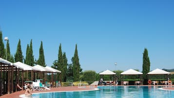 Relax by the resort pool surrounded by lounge chairs and umbrellas, with tall trees in the background.