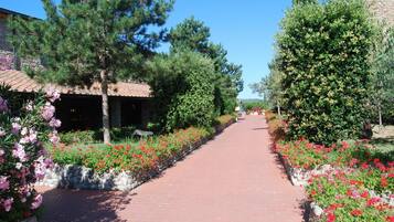 A paved pathway flanked by vibrant flower beds and trees, leading towards a building with a tiled roof.