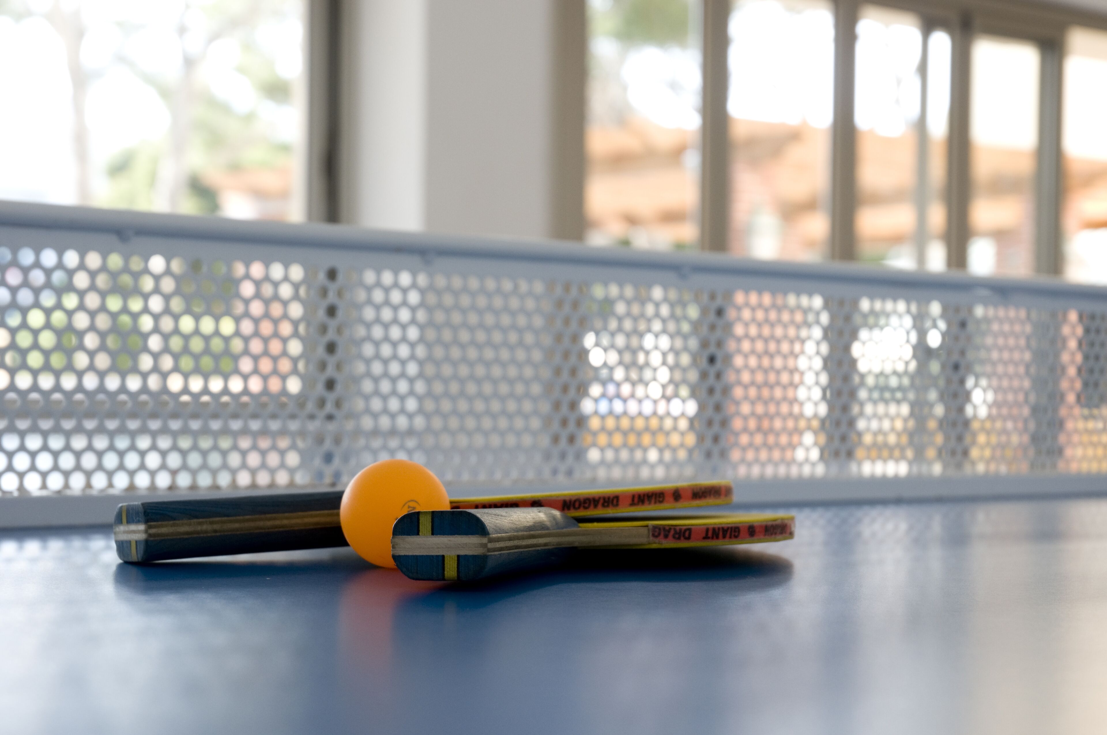 Ein Tischtennis-Tisch mit Netz, Ball und zwei Schlägern.
