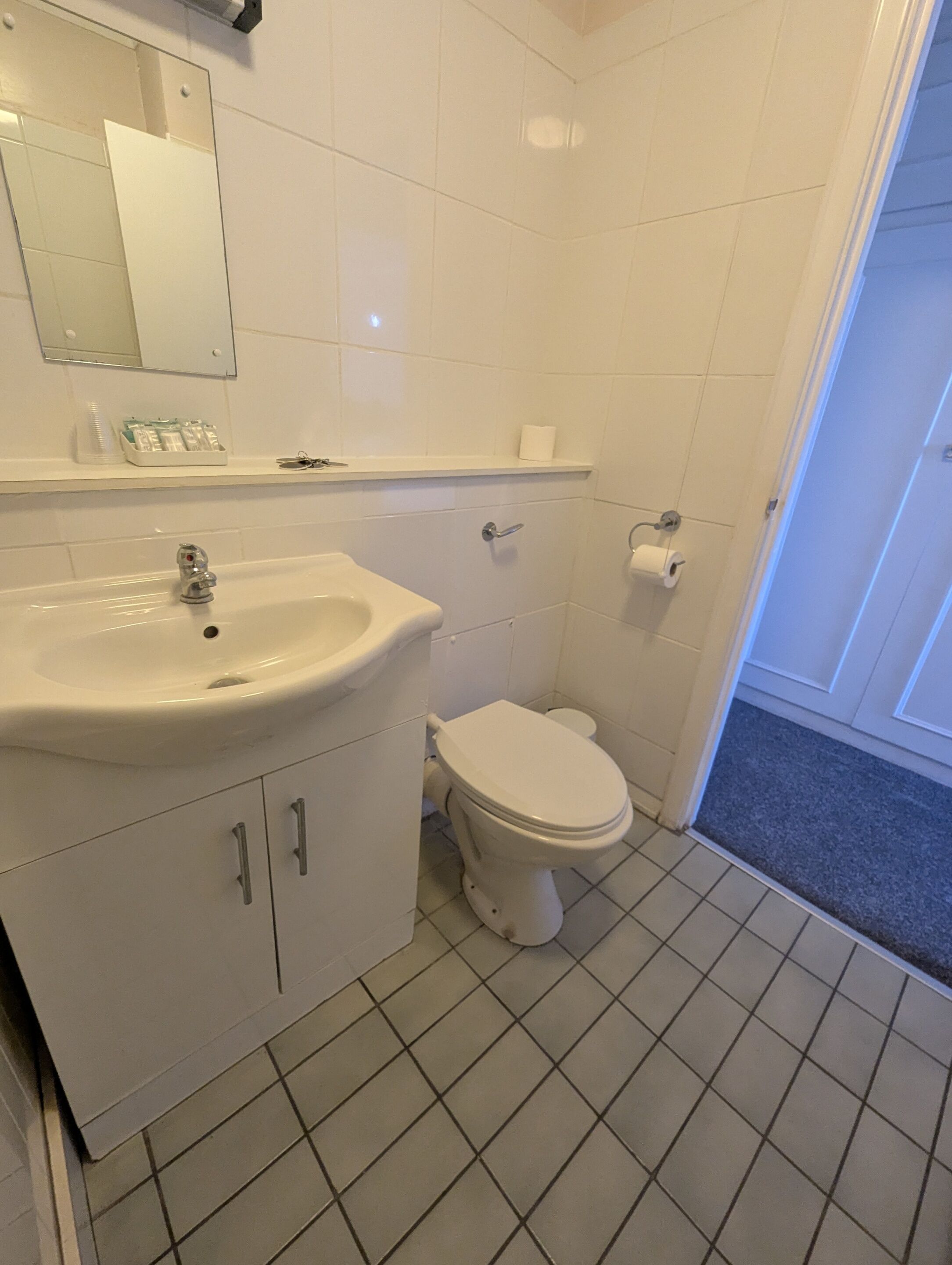 A bathroom with a sink, mirror, toilet, and a shower area.