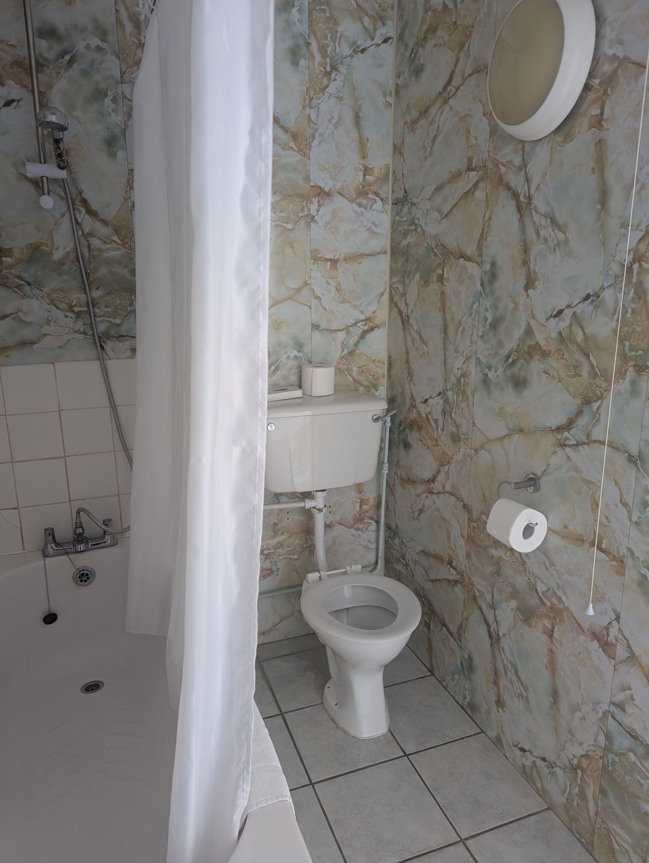 A bathroom with a toilet, shower, and marble wall.