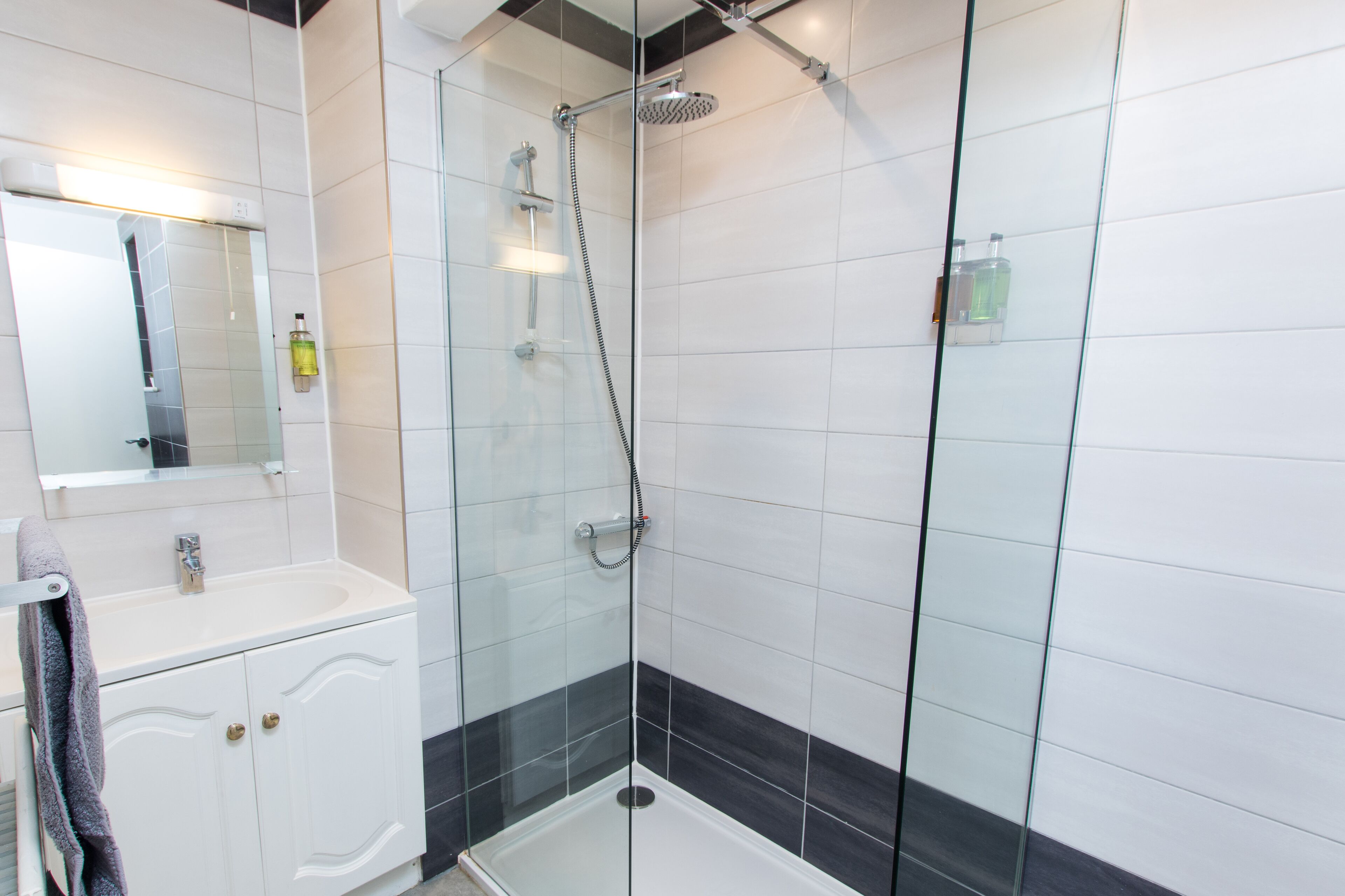 A modern bathroom with a glass-enclosed shower, a white sink, and a mirror above it.