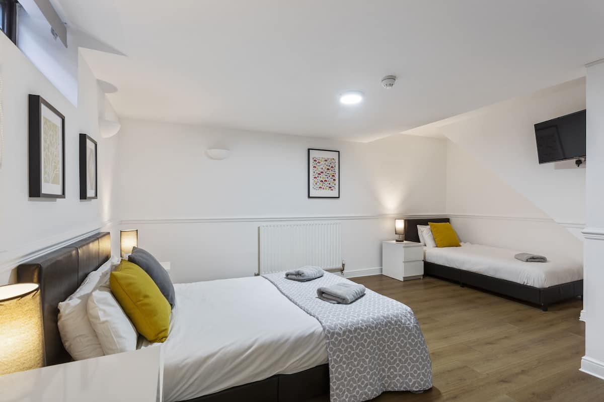 Quarto moderno com uma cama grande, uma cama menor, uma televisão e um radiador.