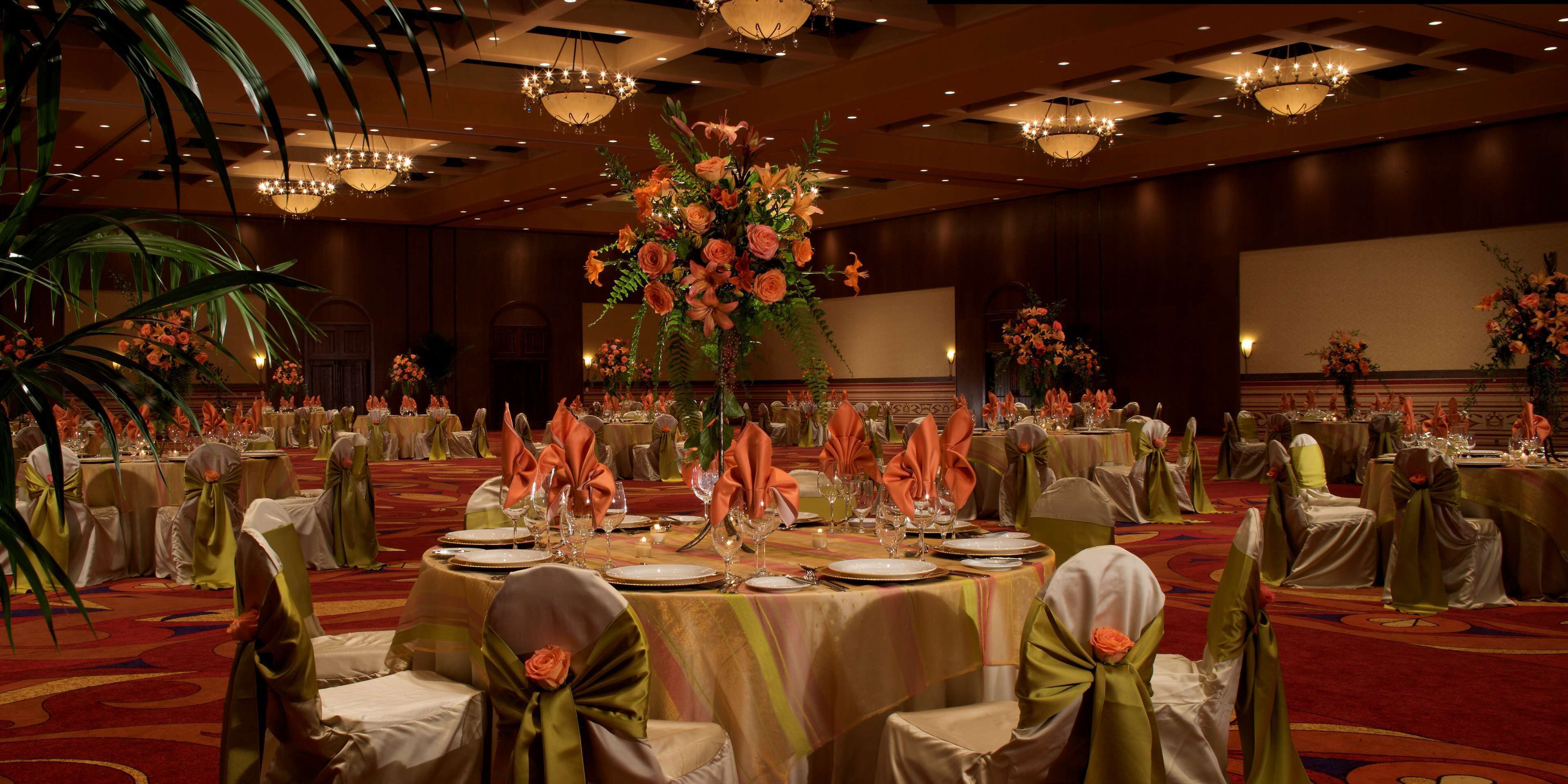 A banquet hall with round tables set for a formal event, featuring floral centerpieces and neatly arranged table settings.