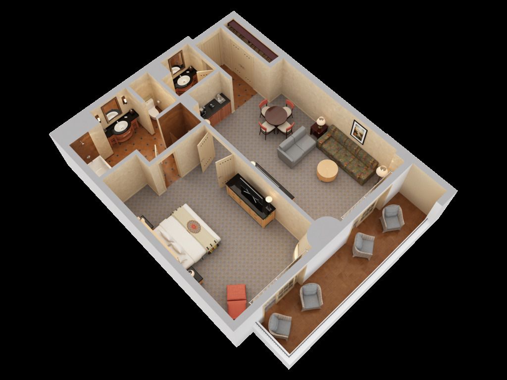 A 3D floor plan of a hotel room with a bathroom, a living area with a sofa and a dining table, and a small kitchen.