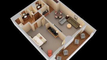 A 3D floor plan of a hotel room with a bathroom, a living area with a sofa and a dining table, and a small kitchen.
