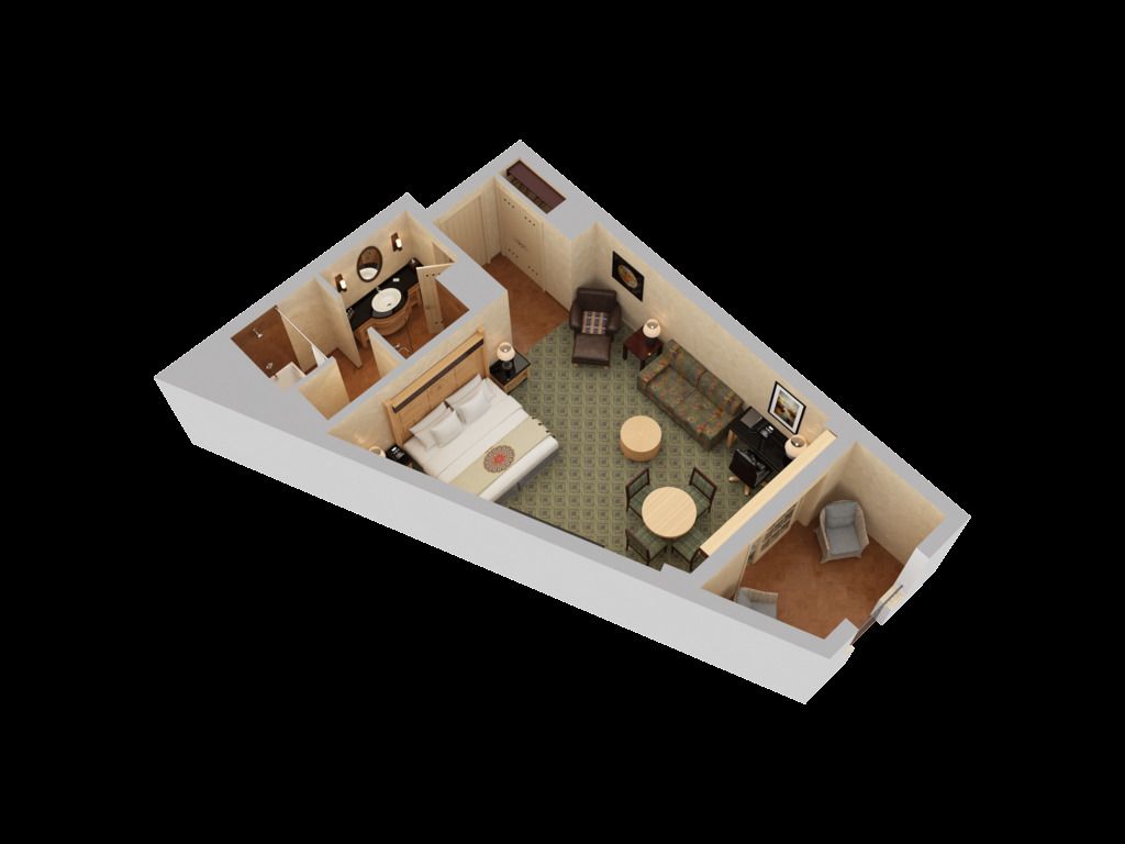 Un plan 3D d’une chambre d’hôtel comprenant un lit, deux coins salon, une kitchenette et une salle de bain.
