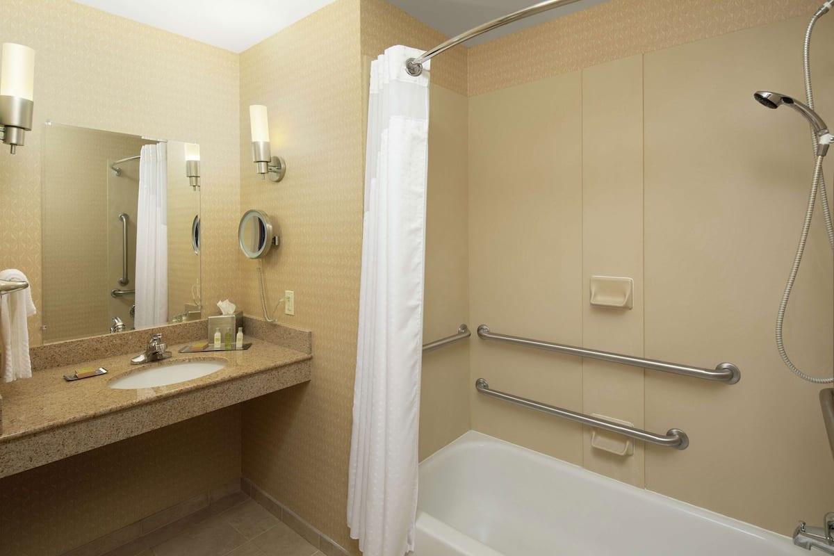 Bathroom | Combined shower/tub, free toiletries, hair dryer, towels