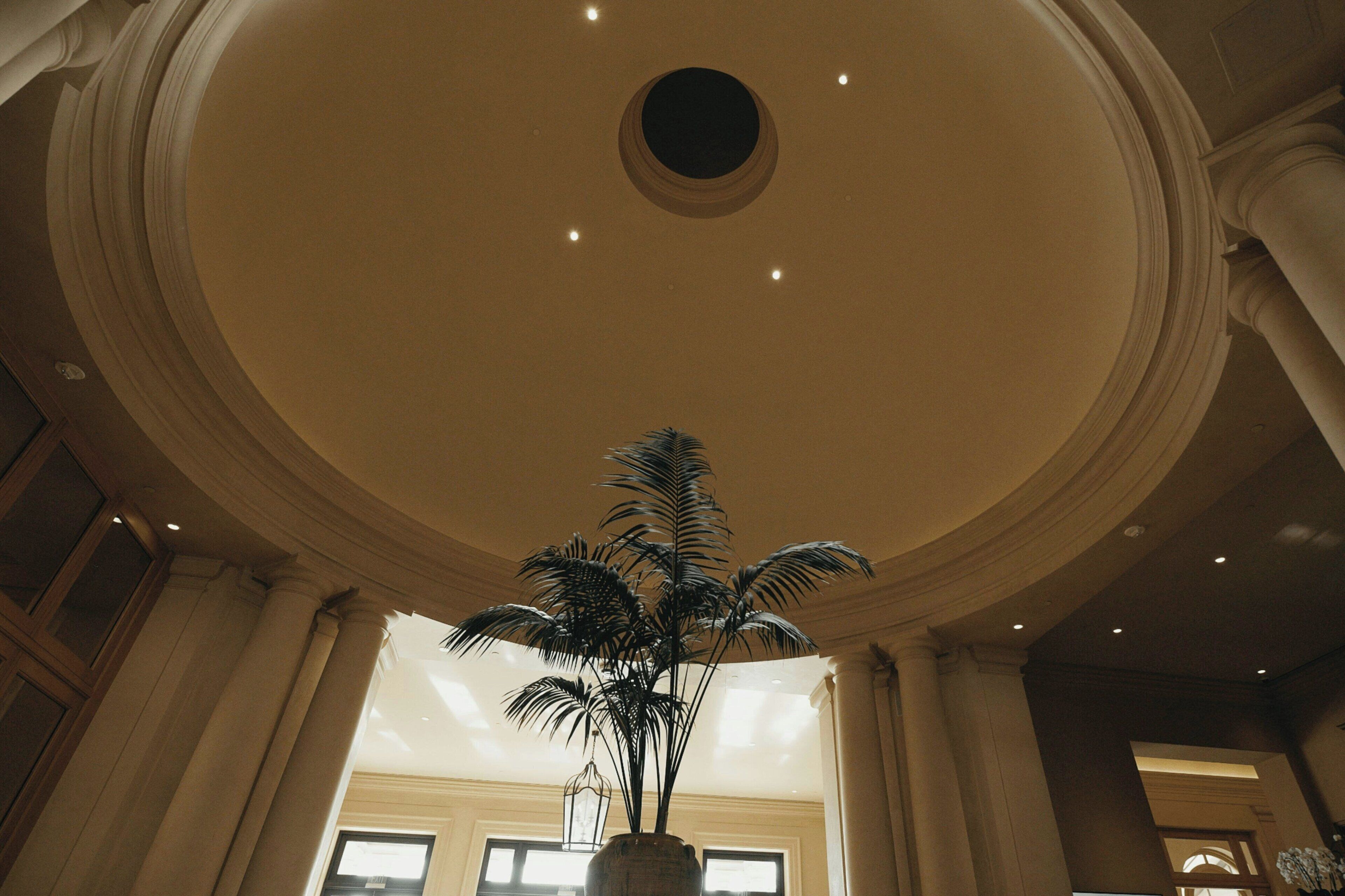 Un interior imponente con un gran techo circular, una planta central y columnas de estilo clásico.