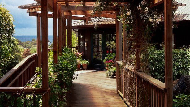 Un pasillo cubierto con pérgola de madera, con vistas a un edificio y abundante vegetación.