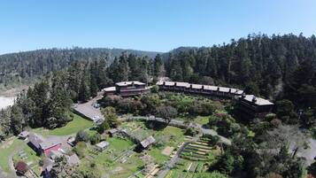 A large, curved building complex surrounded by dense forest, with a parking area and a small garden.