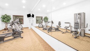 A gym with exercise equipment, a large mirror, and potted plants. - Baymont by Wyndham Pearsall (Pearsall)