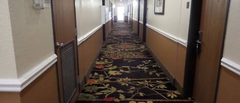 A hotel hallway with a carpeted floor, doors on both sides, and a light fixture on the ceiling.
