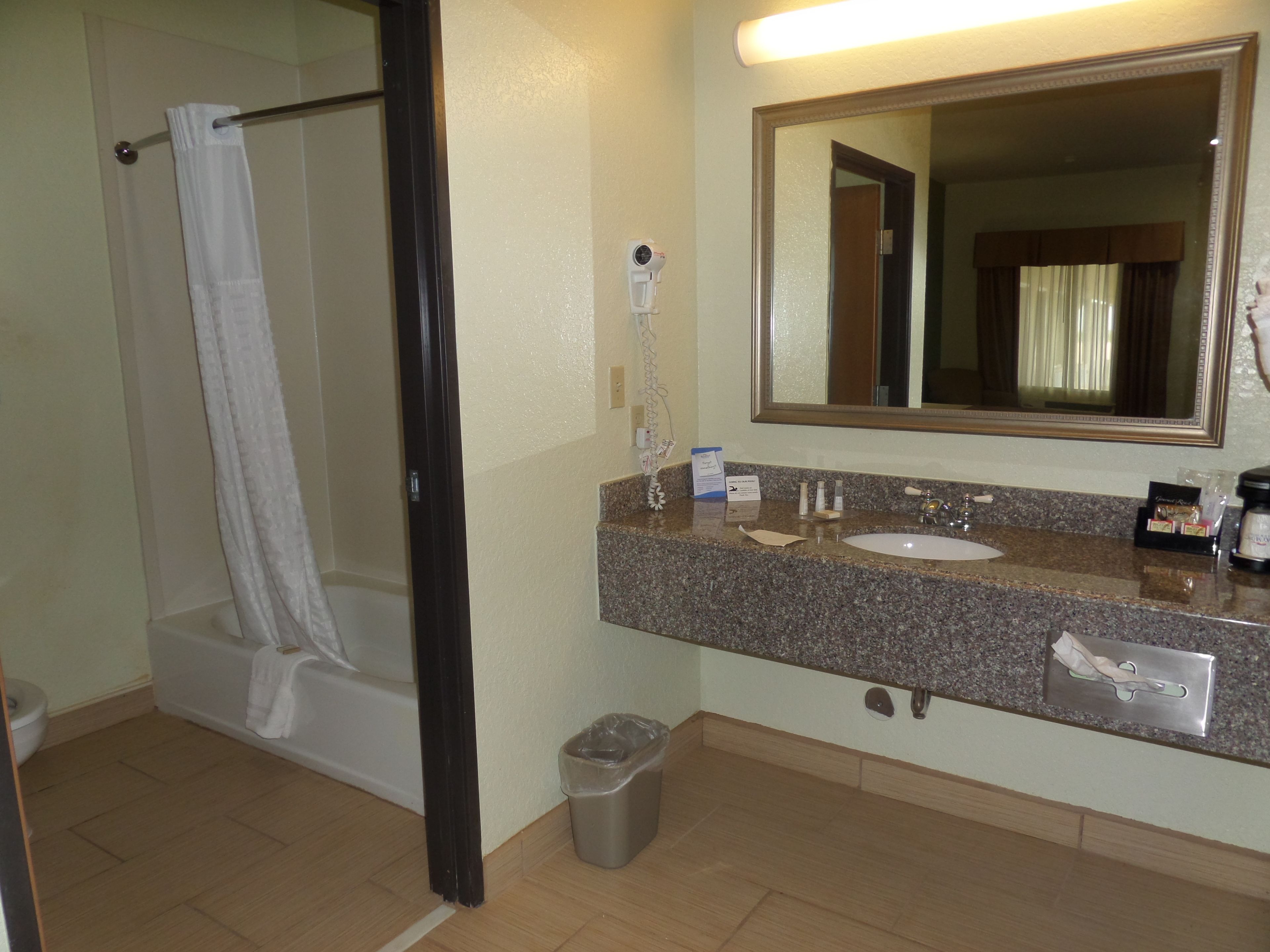 A bathroom with a shower, a sink, a mirror, and a trash can.