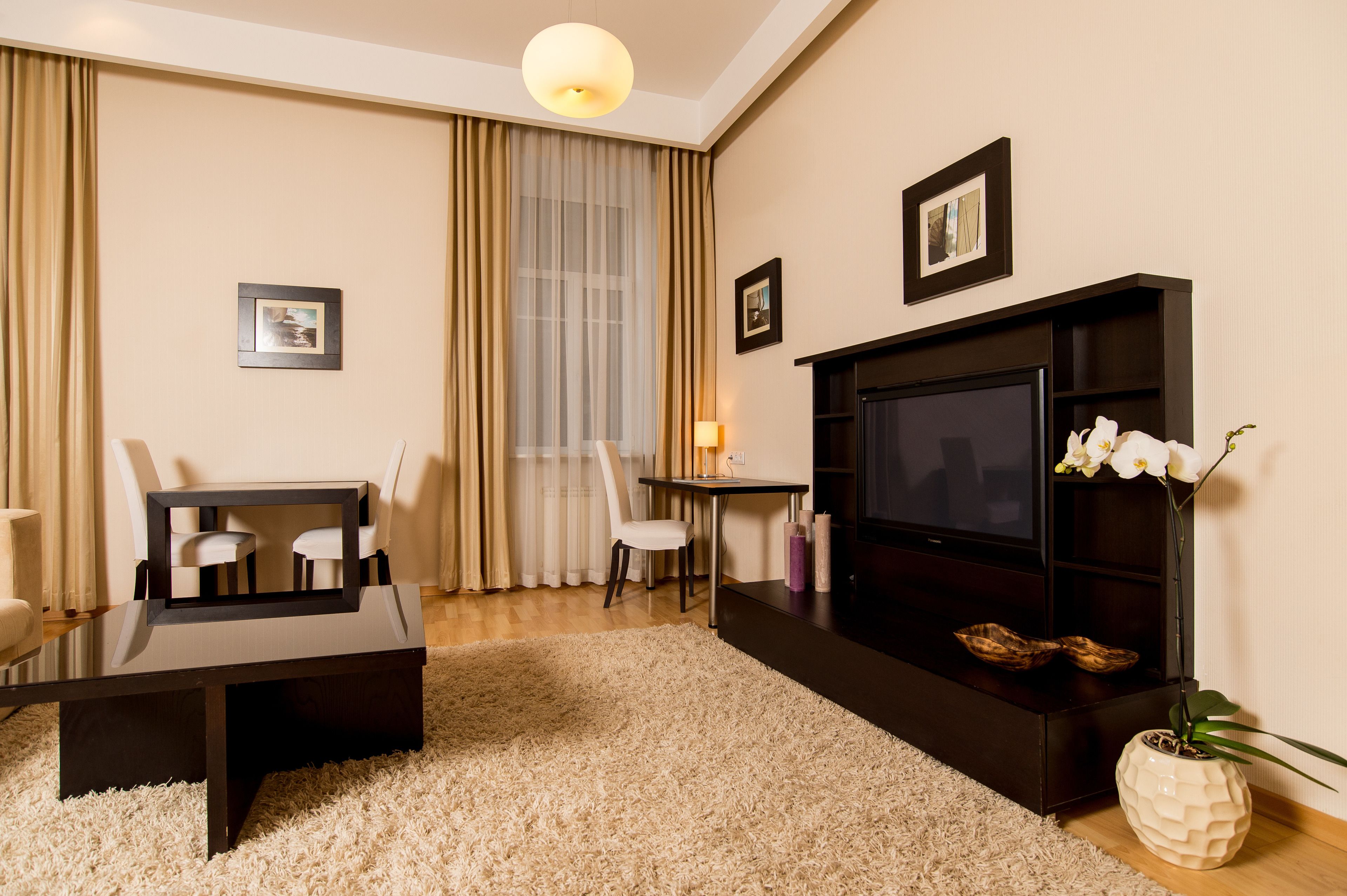 A modern living room with a flat-screen TV, a coffee table, a white chair, and a decorative plant.