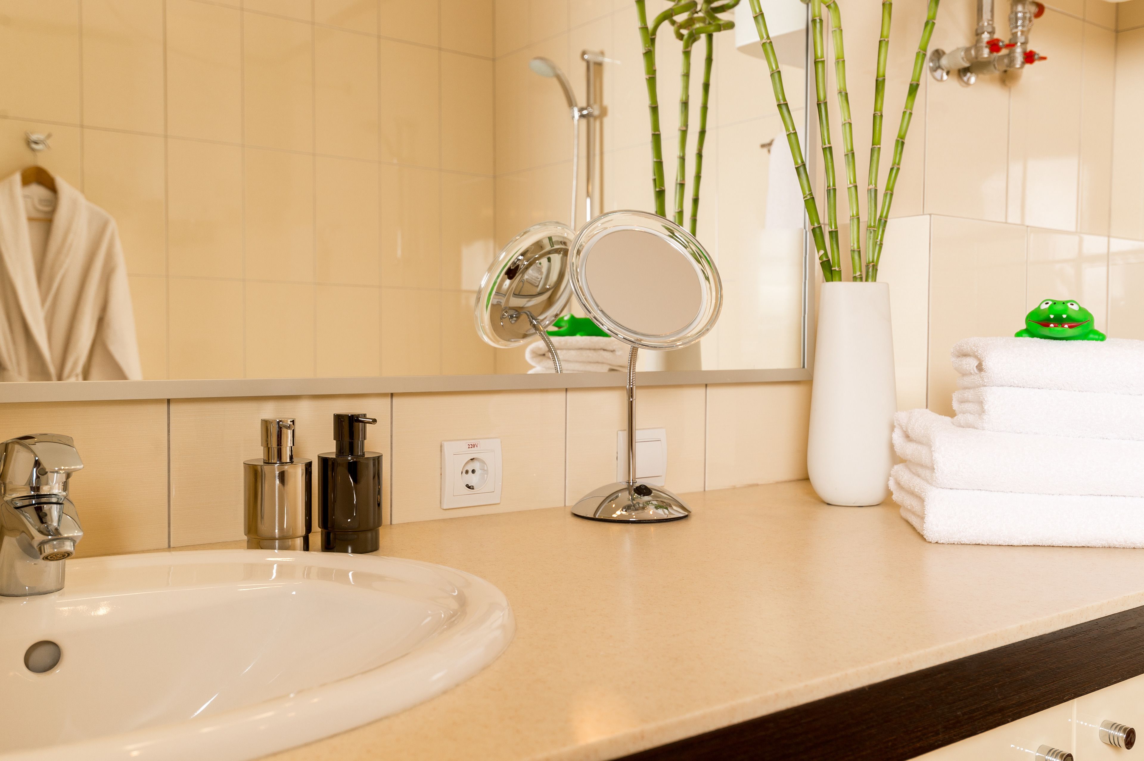 Une salle de bain équipée d’un lavabo, d’un miroir et d’articles de toilette.