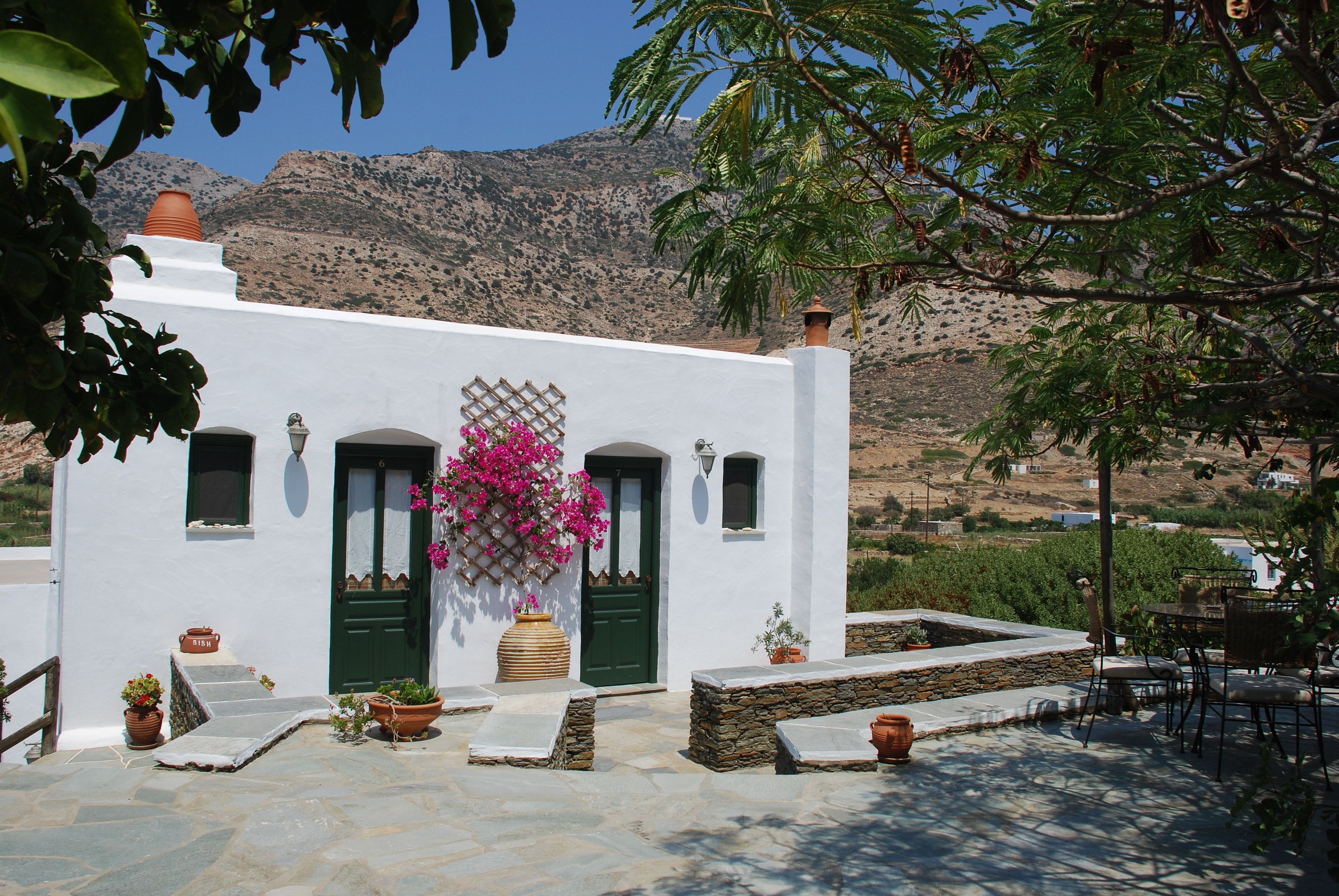 A white building with green doors and windows, surrounded by stone steps and potted plants.