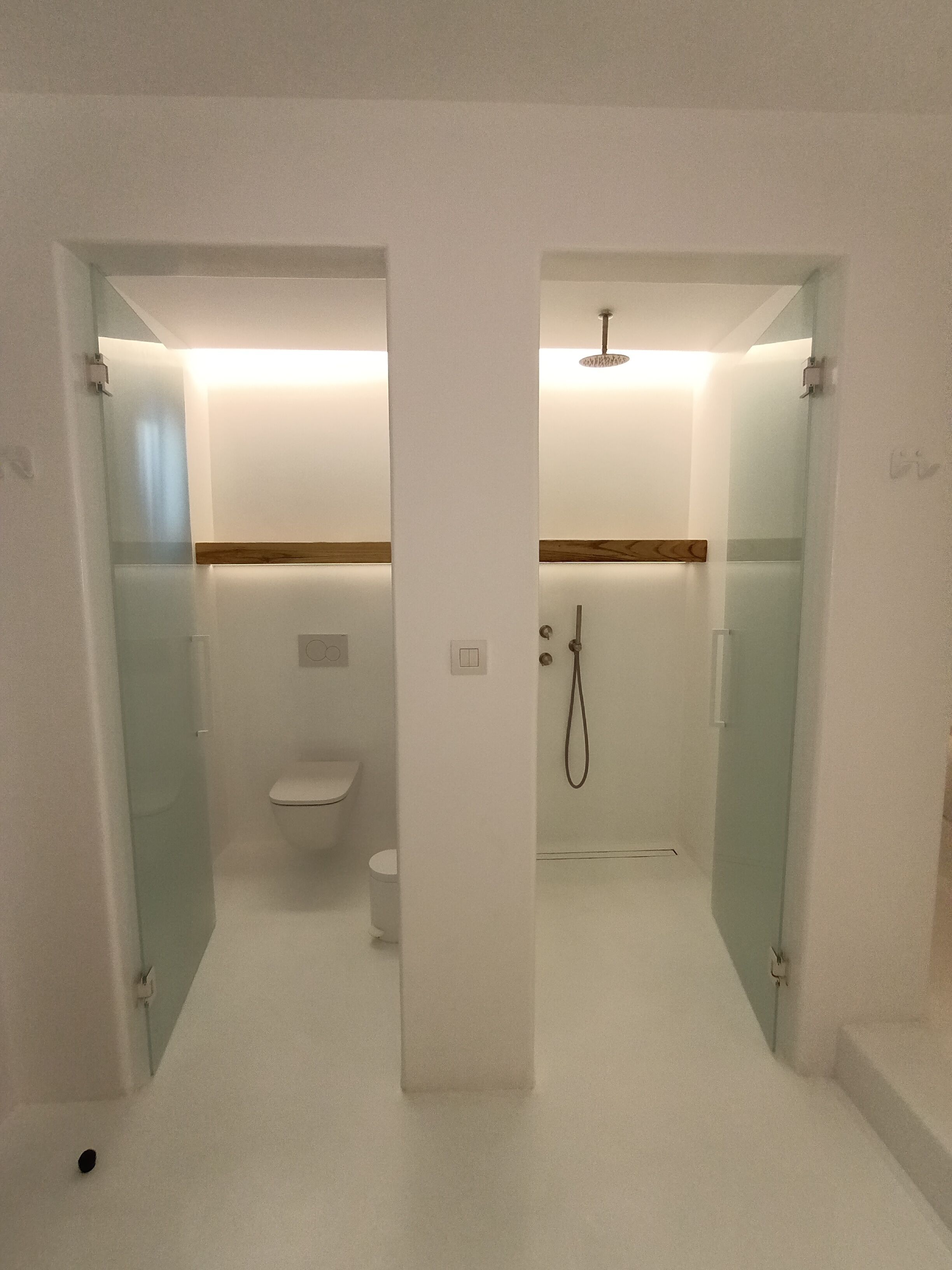 A modern bathroom with a glass-enclosed shower, a toilet, and a sink.