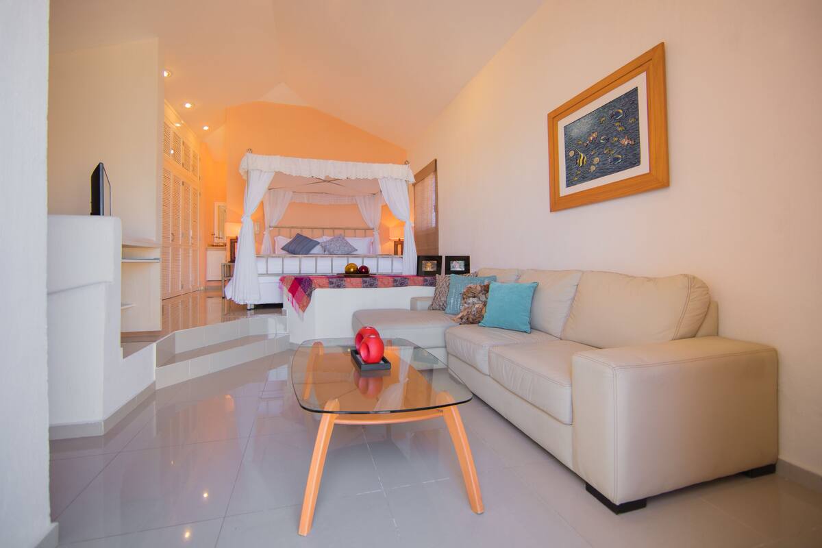 Uma sala de estar moderna com uma mesa de centro de vidro, um sofá e uma cama com dossel.