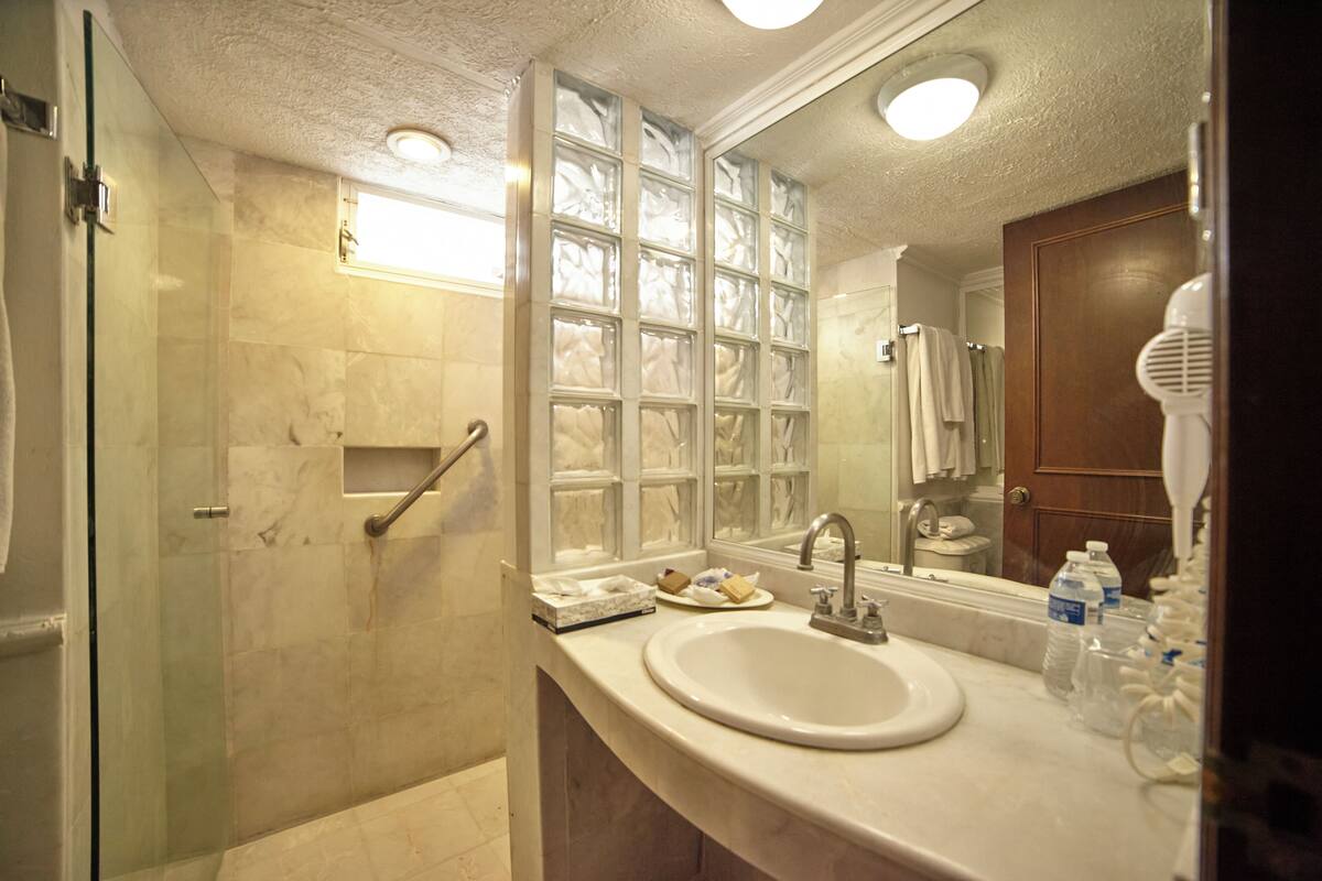 standard room | bathroom | shower, free toiletries, hair dryer, towels