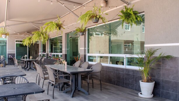 Ein Terrassenbereich im Freien mit Tischen, Stühlen, Topfpflanzen und einem großen Fenster.