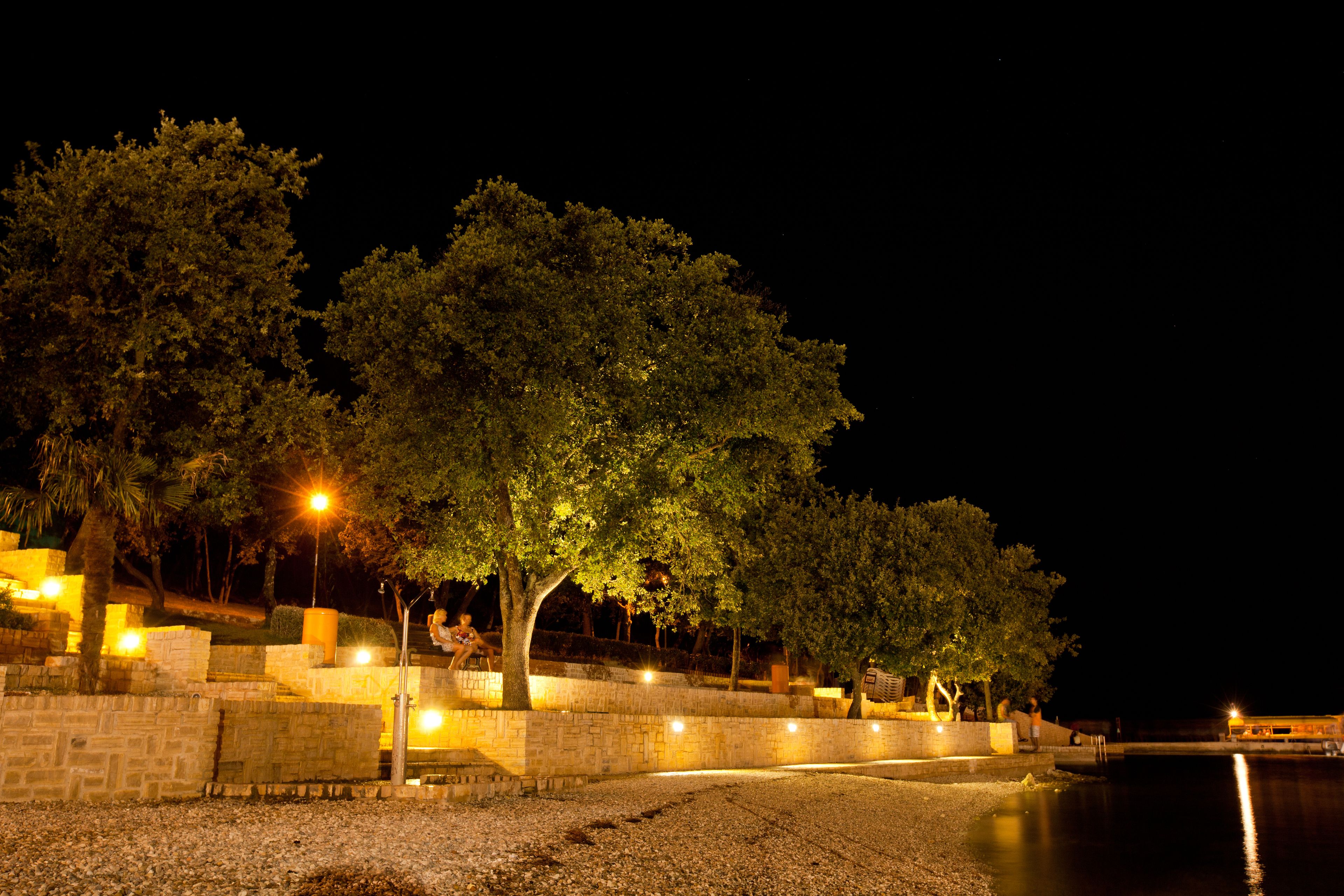 Vista noturna de um parque à beira-rio, com muros de pedra, árvores e uma ponte.