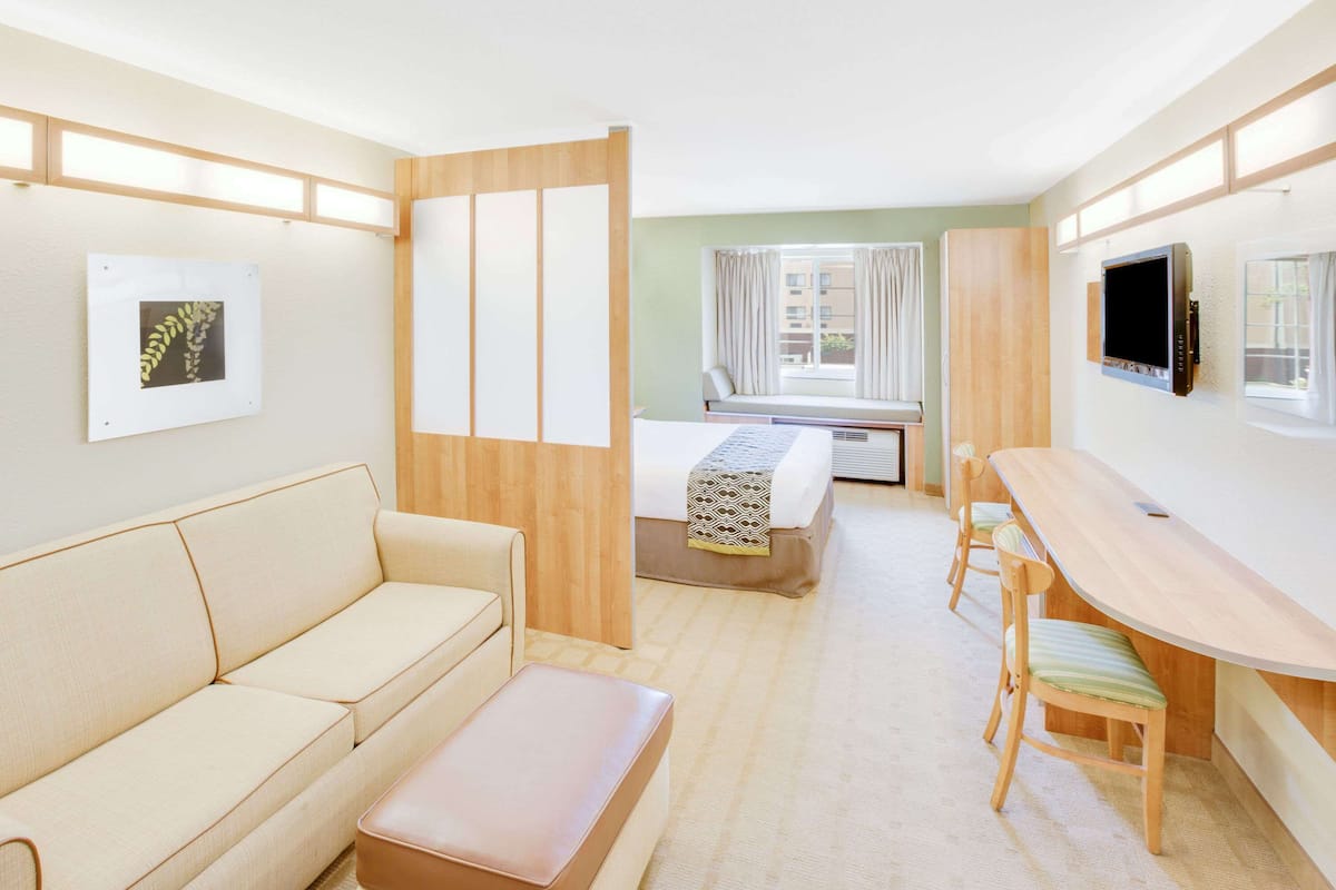 Une chambre d’hôtel moderne équipée d’un canapé, d’une petite table, d’un lit et d’un téléviseur.