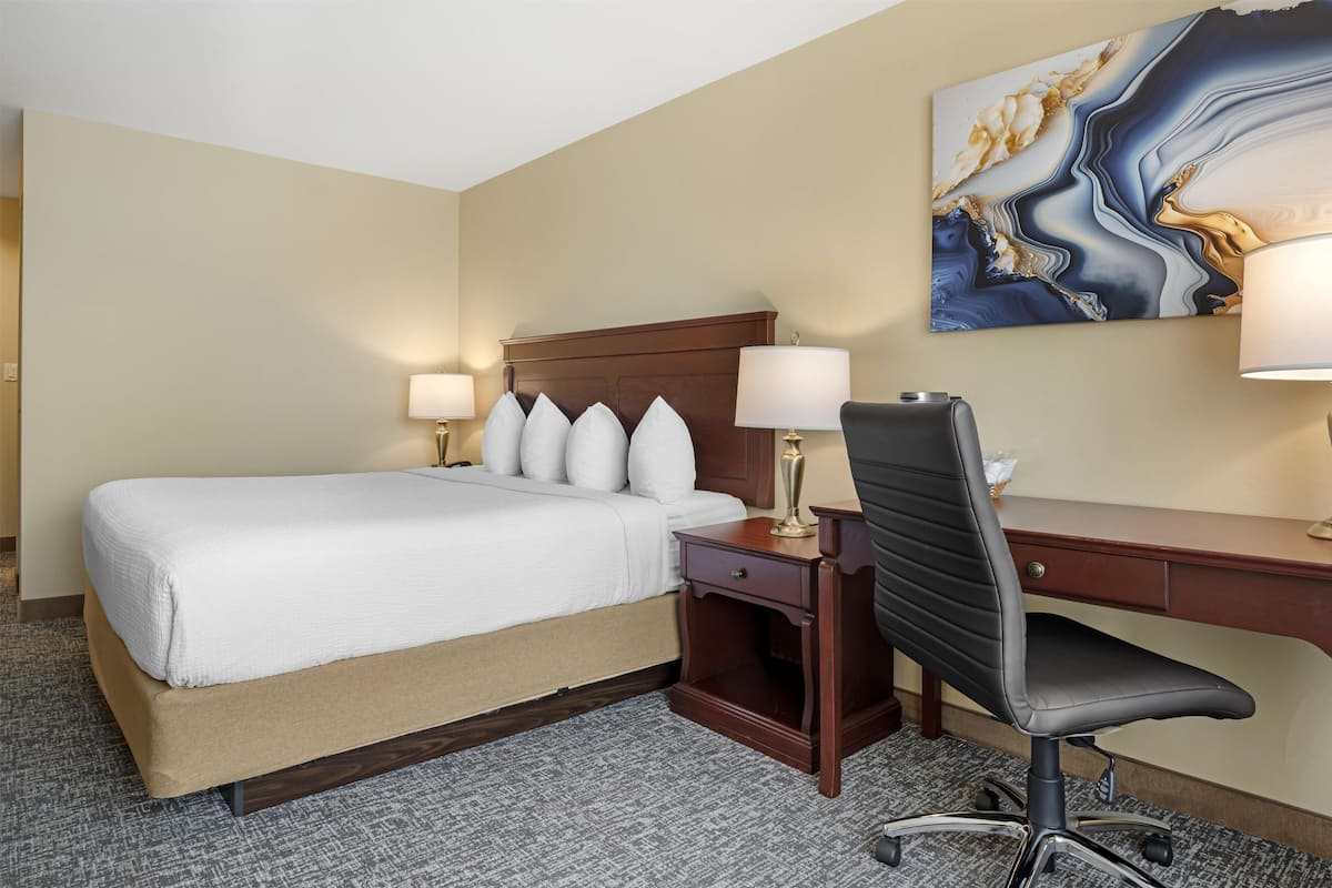 Une chambre d’hôtel avec un lit, un bureau, une chaise et un tableau au mur.
