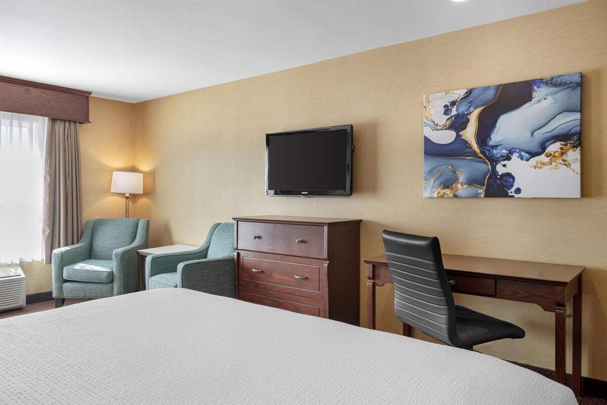 Une chambre d’hôtel avec un lit, un bureau, une chaise, une télévision et un tableau au mur.