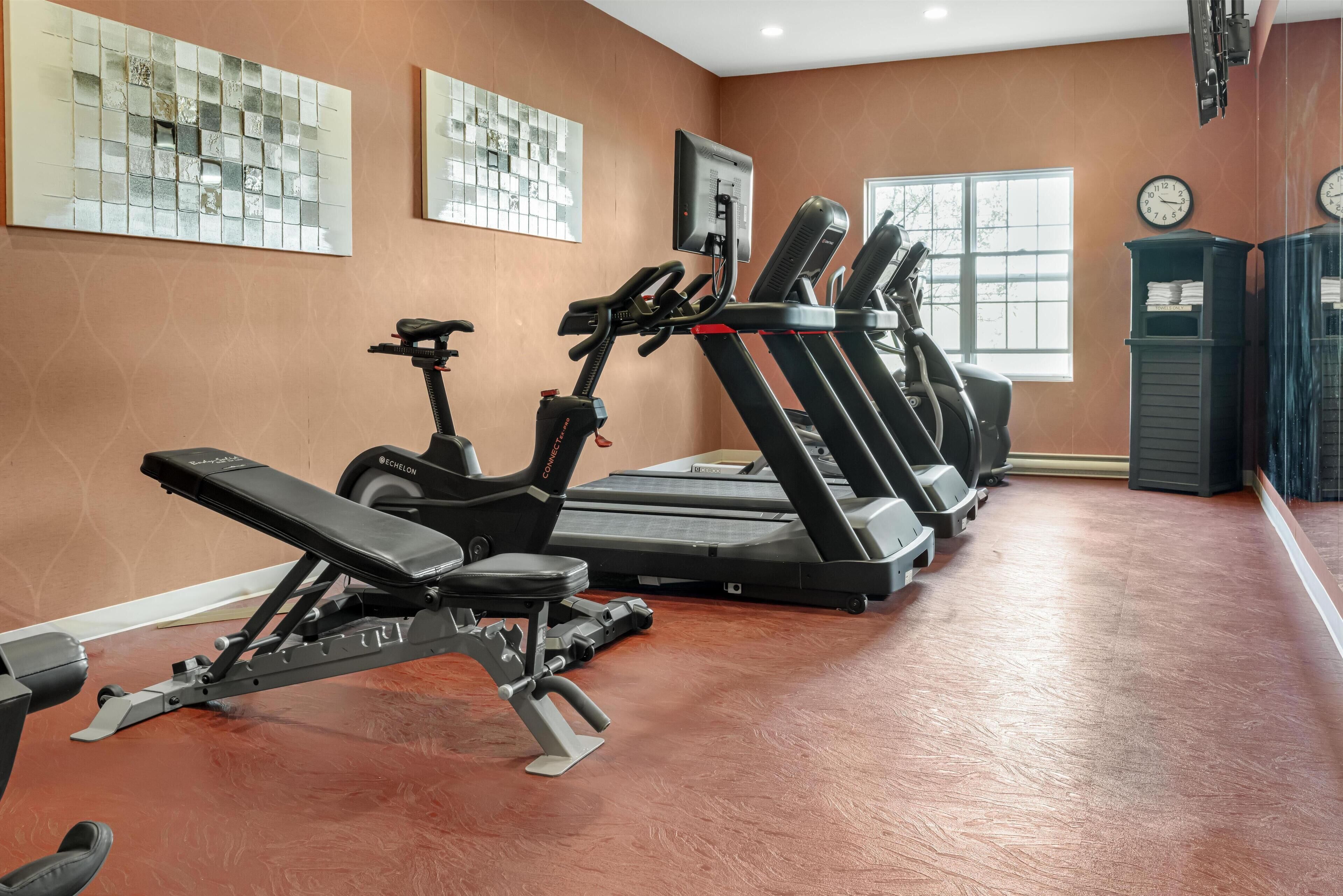 A gym with treadmills, elliptical machines, and weight benches.