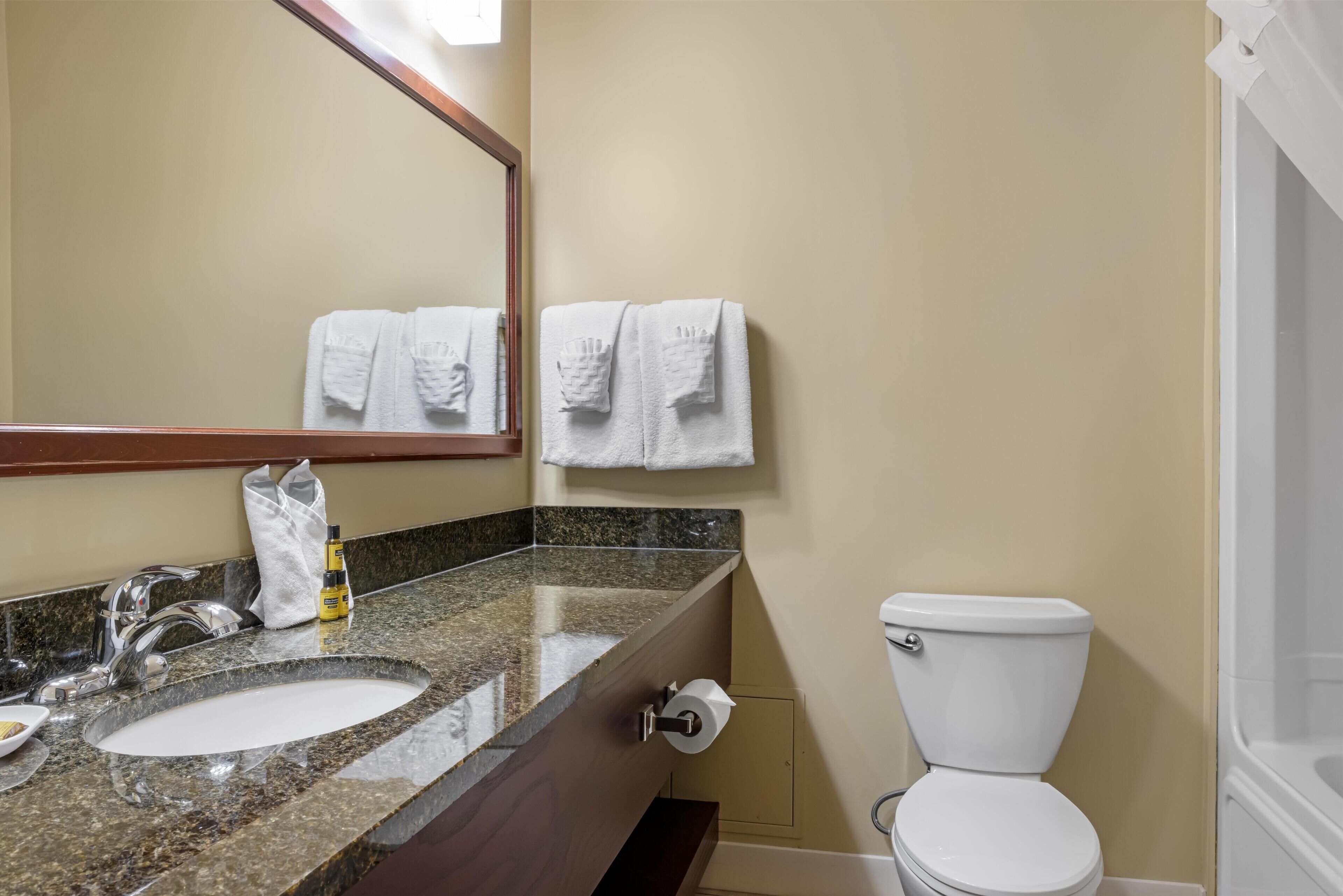 A bathroom with a granite countertop sink, a mirror, a toilet, and a towel rack with two towels.
