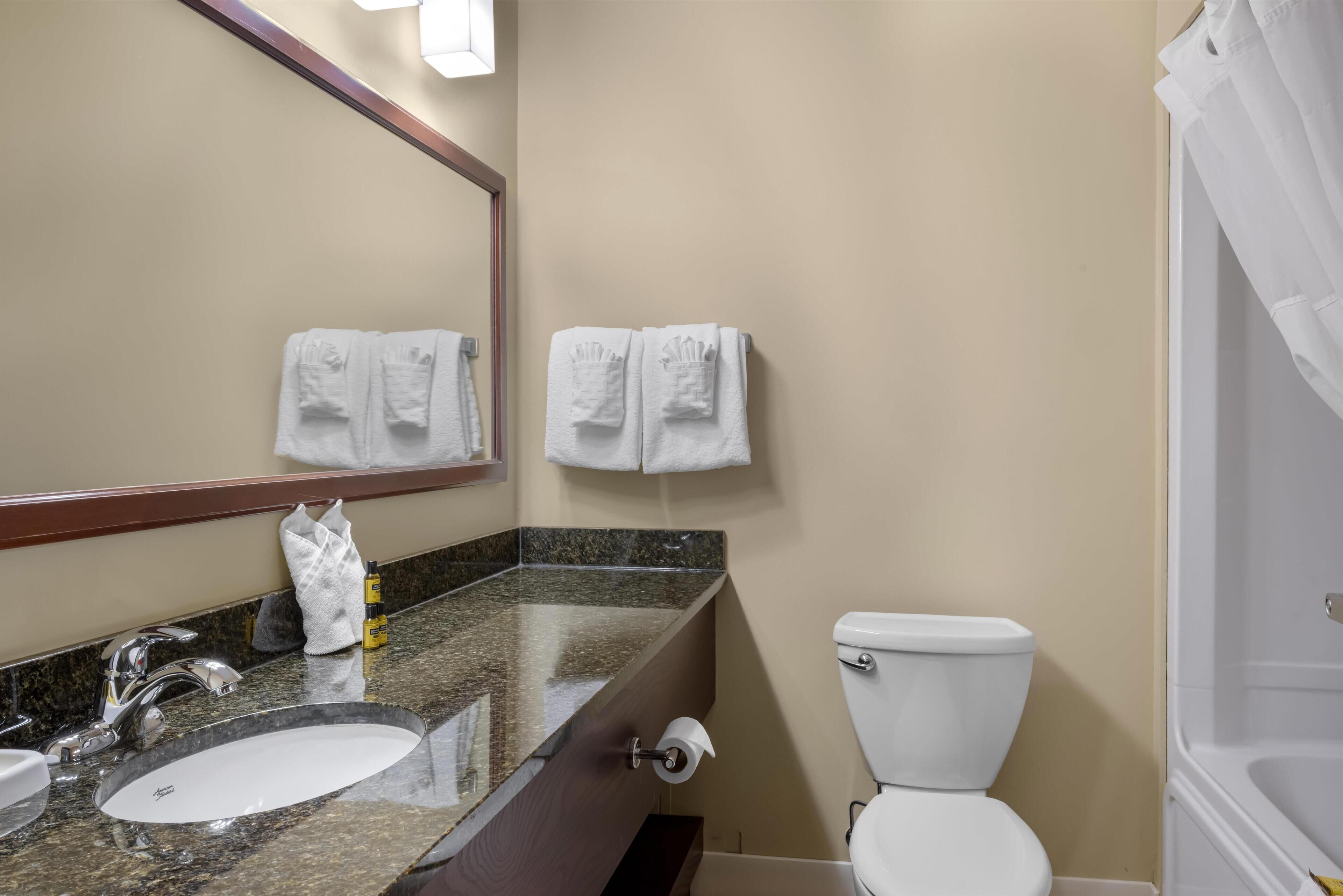 A bathroom with a granite countertop sink, a mirror, two white towels, a toilet, and a shower area.