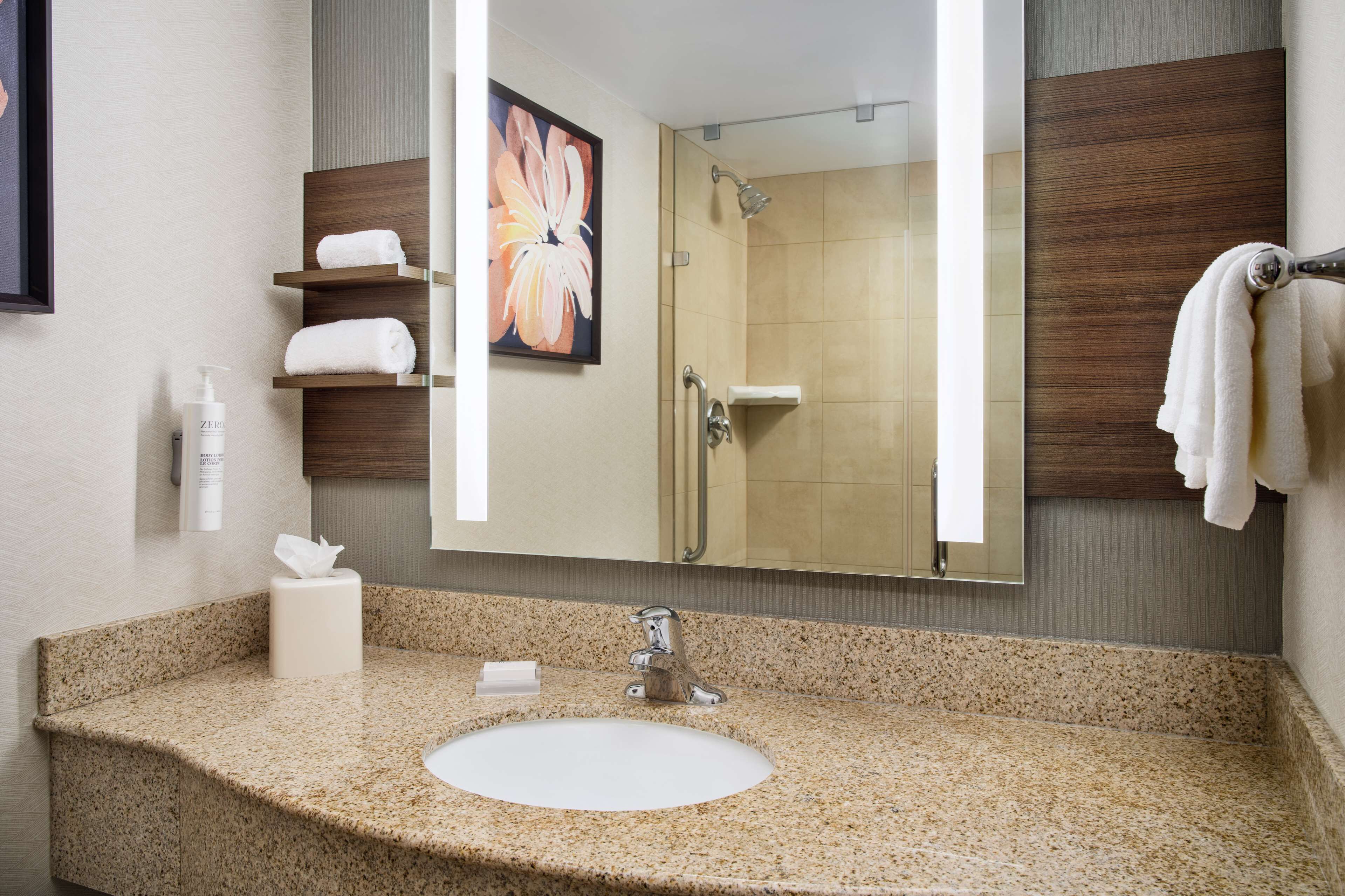 designer toiletries, hair dryer, towels, soap