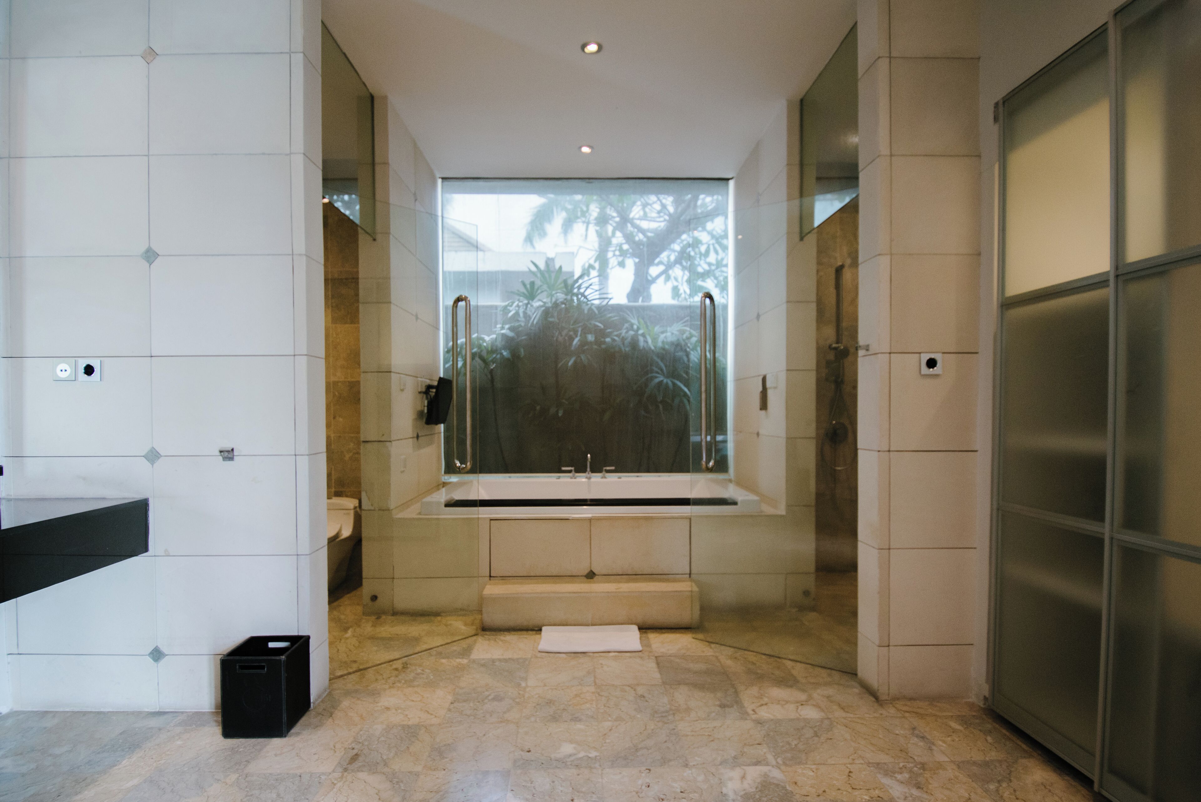 A modern bathroom with a large bathtub, a glass shower enclosure, and a view of palm trees outside.