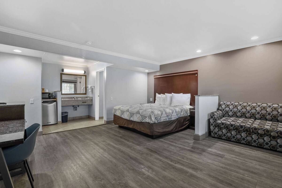 A hotel room with a bed, a sofa, a desk, and a kitchenette.